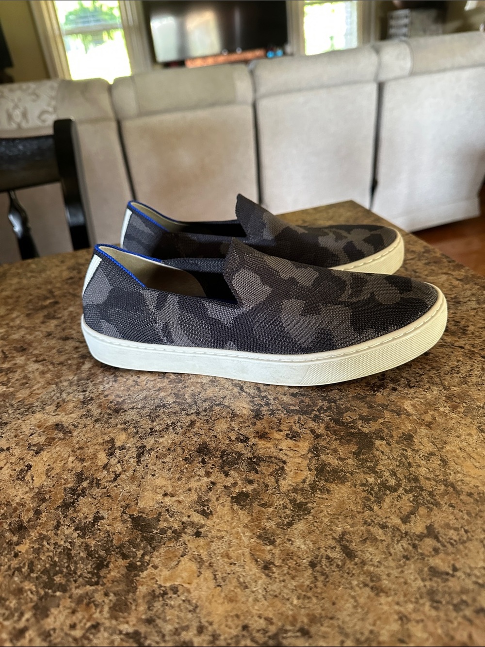Rothy's Women's size 8 Gray Black Camouflage Camo Slip-On Flats Sneakers